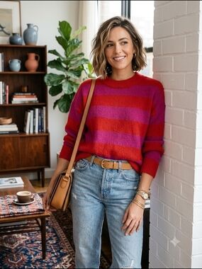 Bar III Red and Pink Striped Crewneck Sweater